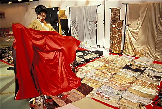 日本,女人,展示,丝绸,和服,材质,地板,无肖像权