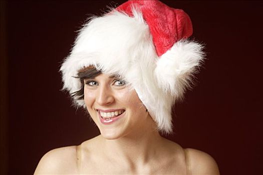 微笑,女人,戴着,圣诞帽,肖像