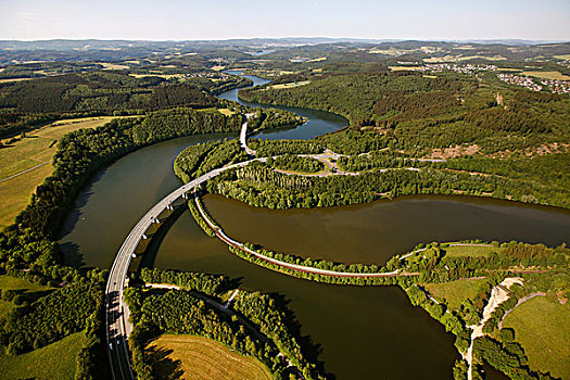 航拍,水库,坝,高速公路,地区,藻厄兰,北莱茵威斯特伐利亚,德国,欧洲