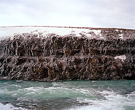 雪,遮盖,悬崖,暗色,石头,绿色,水,流动,黄金瀑布,瀑布,冰岛,2009年