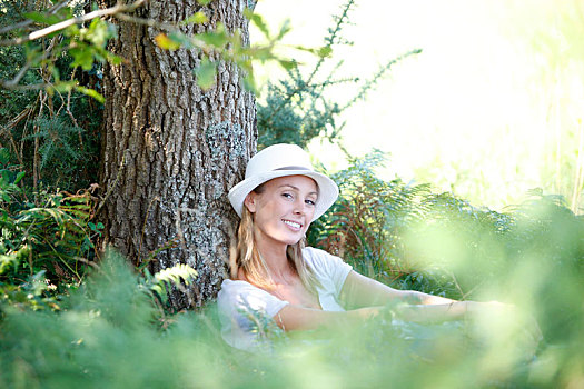 美女,帽子,放松,树林