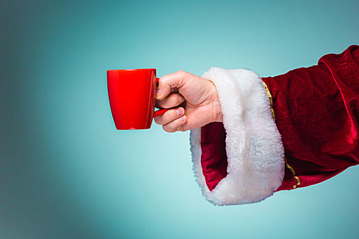 手,圣诞老人,拿着,红色,杯子,蓝色背景,背景