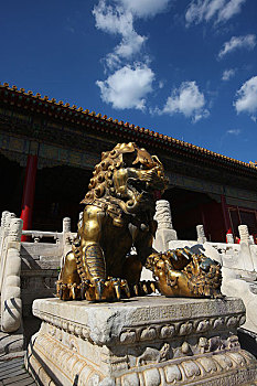 北京故宫乾清门前的镏金铜狮