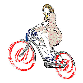 银,冲浪,老太太,骑自行车,轮子,象征,插画