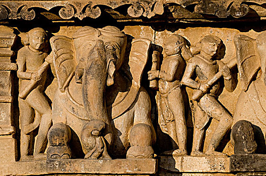 雕刻,檐壁,克久拉霍,多,纪念碑,世界遗产,中央邦,印度,亚洲