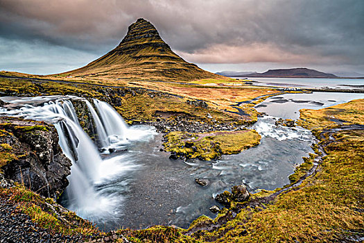 斯奈山半岛,西部,冰岛,山,瀑布