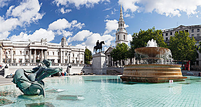 喷泉,骑马雕像,国家美术馆,教堂,特拉法尔加广场,伦敦,英格兰,英国,欧洲
