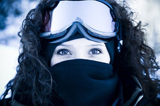 特写,女人,滑雪护目镜,面罩