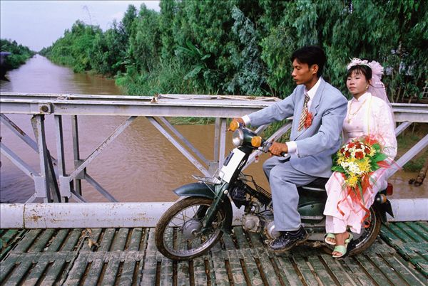 越南,长,新郎,新娘,摩托车,穿过,桥