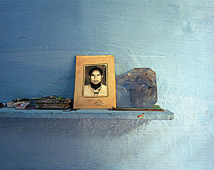 照片,年轻,男人,蓝色,墙壁