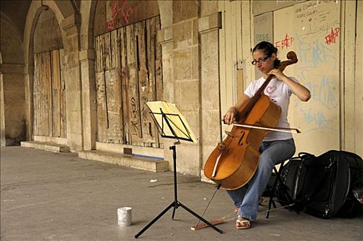 街头乐手,大提琴,巴黎,法国,欧洲