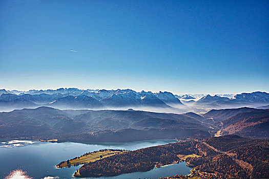 俯拍,山,湖,巴伐利亚,德国