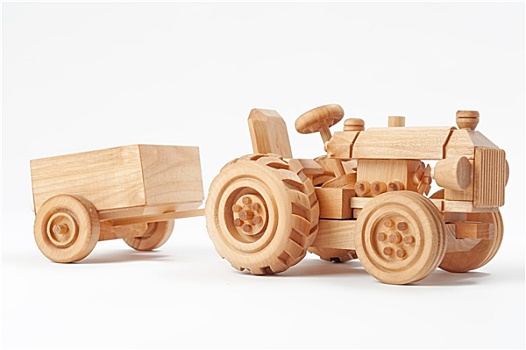 木制玩具,拖拉机,拖车,白色背景