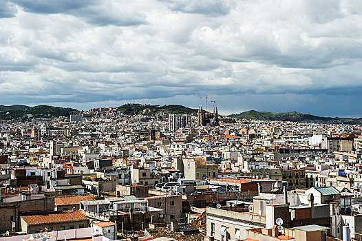 城市,屋顶,教堂,巴塞罗那,加泰罗尼亚,西班牙,欧洲