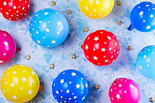 鲜明,彩色,节庆,聚会,场景,图案,气球,蓝色背景,桌子,风格,生日,贺卡