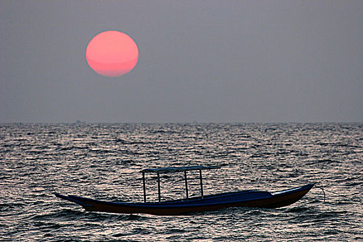 日落,上方,海洋,小,渔船,那布利海滩,若开邦,缅甸,亚洲