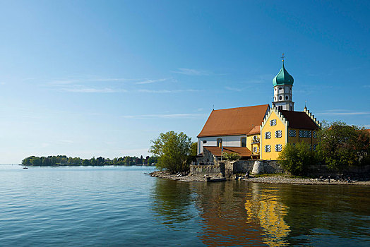 教堂,护城河,城堡,康士坦茨湖,巴伐利亚,德国,欧洲
