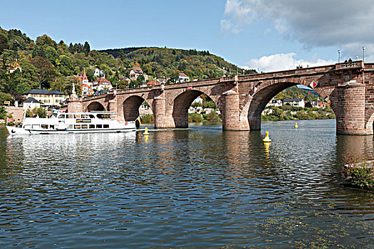 桥,游船,内卡河,海德尔堡,巴登符腾堡,德国,欧洲