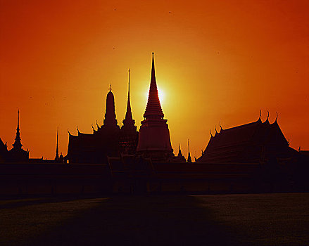 剪影,大皇宫,日落,曼谷,泰国