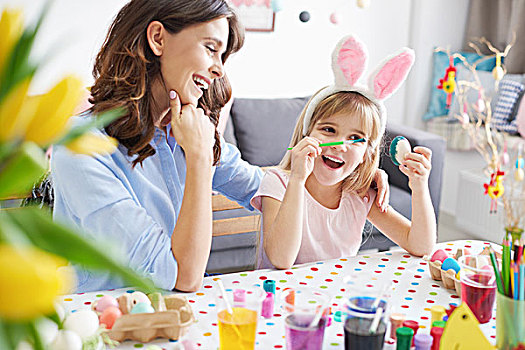 女人,女儿,绘画,复活节彩蛋,桌子