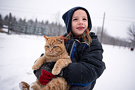 男孩,猫,雪中