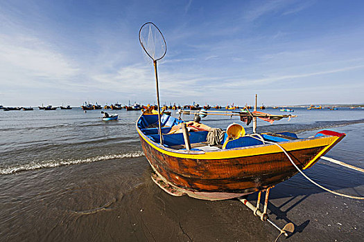 越南,美尼,海滩,传统,渔船