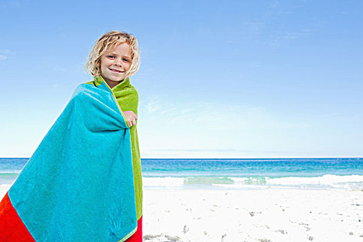男孩,包着,向上,毛巾,海滩