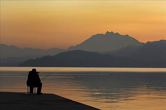 捕鱼,日落,皮拉图斯,背景,瑞士