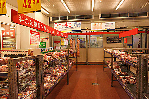 北京超市冷冻生鲜肉食品区及过道