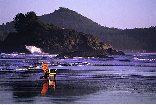 宽木躺椅,海滩,长滩,温哥华岛,不列颠哥伦比亚省,加拿大