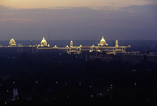 印度,德里,政府建筑,光亮,黄昏