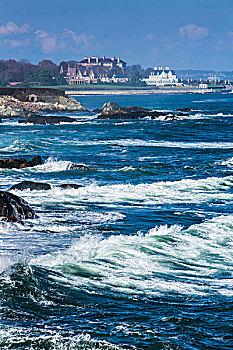 汹涌,海洋,水,岩石海岸,房屋,背景,纽波特,罗德岛,美国