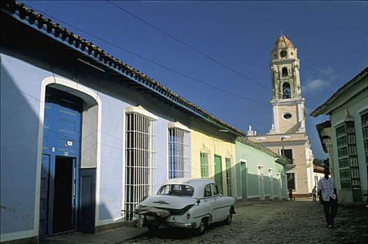 古巴,特立尼达,老,美国人,汽车,路,街道,色彩,教堂,背景,蓝天