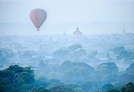 热气球,黎明,上方,风景,塔,蒲甘,缅甸,东南亚,亚洲