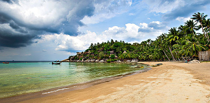 沙滩,棕榈树,蓝绿色海水,乌云,海滩,龟岛,海湾,泰国,亚洲