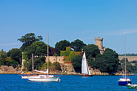 帆船,河,城堡,岬角,布列塔尼半岛,法国