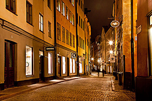老城,小巷,夜晚,斯德哥尔摩,瑞典,斯堪的纳维亚,欧洲