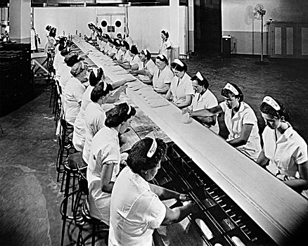 俯拍,女性,工人,工作,面包,工厂