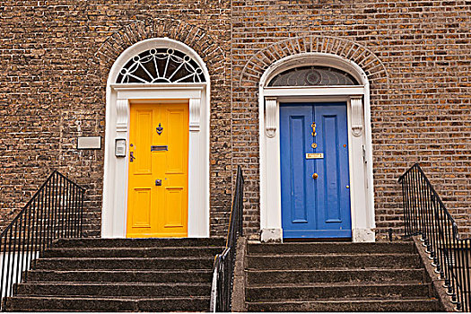 黄色,门,蓝色,并排,顶端,台阶,都柏林,爱尔兰