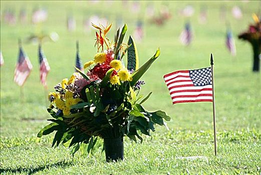 夏威夷,瓦胡岛,国家,公墓,太平洋,特写,插花,美国国旗