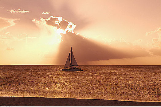 帆船,日落