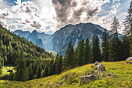 风景,瓦茨曼山,国家公园,贝希特斯加登地区,上巴伐利亚,巴伐利亚,德国,欧洲