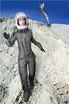 宇航员,时尚,站立,女人,太空服,头盔