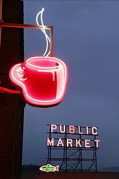 霓虹,咖啡杯,标识,晚间,派克市场,西雅图,华盛顿,美国
