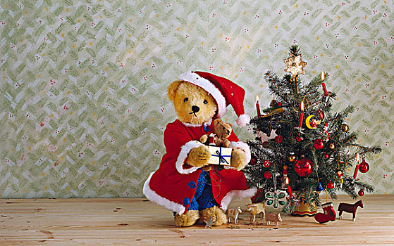 泰迪熊,衣服,圣诞老人,玩具,装饰,靠近,圣诞树