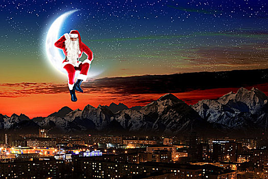 照片,圣诞老人,坐,月亮,城市,山,仰视