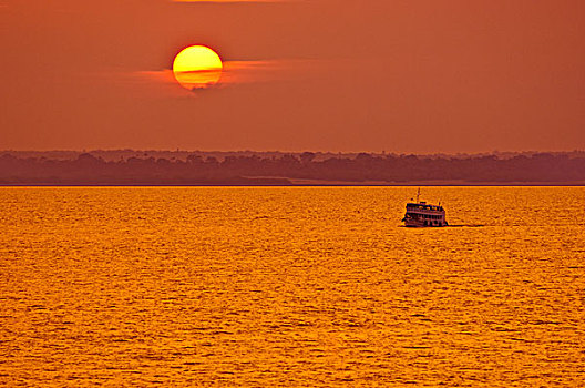 亚马逊河,巴西,乘客,渡轮,日落