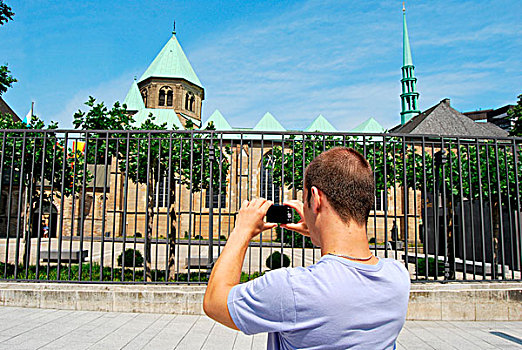旅游,区域,年轻,男人,照相,大教堂,数码,摄影,欧洲,文化,鲁尔区,北莱茵威斯特伐利亚,德国