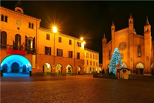 光亮,装饰,圣诞树,中心,广场,市政厅,大教堂,晚间,阿尔巴,意大利