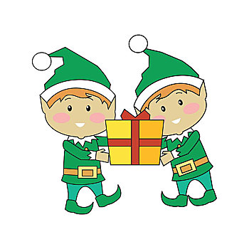 圣诞节,小精灵,拿着,礼盒,两个,卡通,新年,礼物,隔绝,白色背景,冬天,假日,贺卡,旗帜,海报,设计,矢量